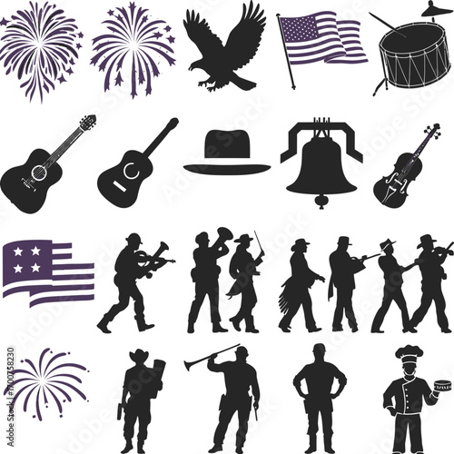 Vector art of american west silhouettes featuring musicians, eagle, flag, and instruments representing the history and culture of the united states