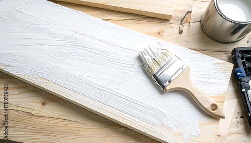 Applying white paint to a wooden plank