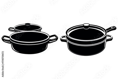 black pots and pans arranged neatly silhouette