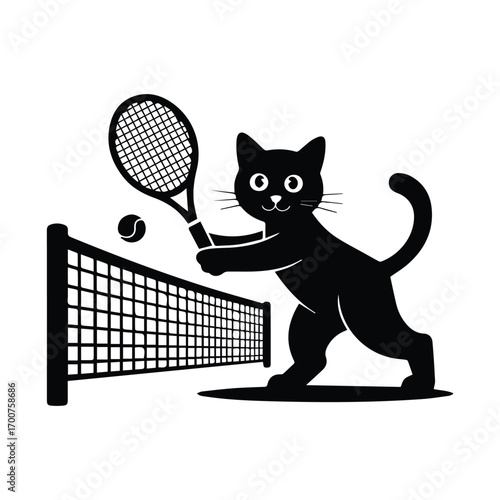 Playful black cat playing tennis with a racket and net silhouette