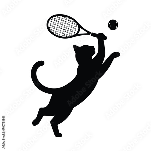 Playful cat silhouette leaping to hit tennis ball with racket