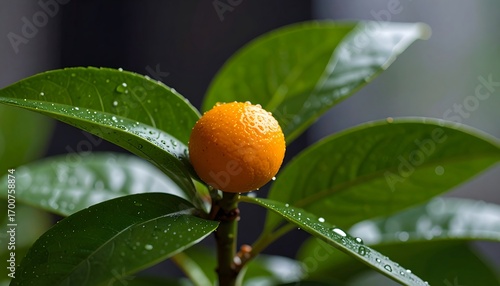 Close-up of a small, vibrant orange fruit on a leafy branch