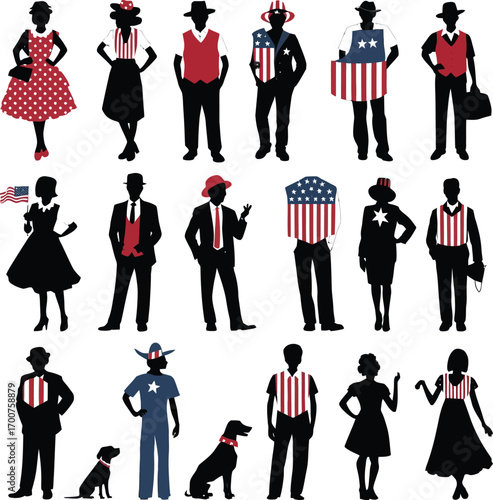 Vector art of vintage american silhouettes featuring people in patriotic clothing and accessories celebrating the united states of america