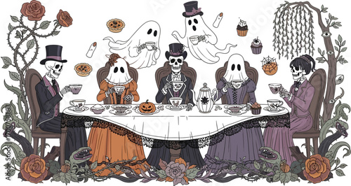 A spooky halloween tea party with skeletons and ghosts in victorian attire, enjoying tea and treats amidst roses and vines