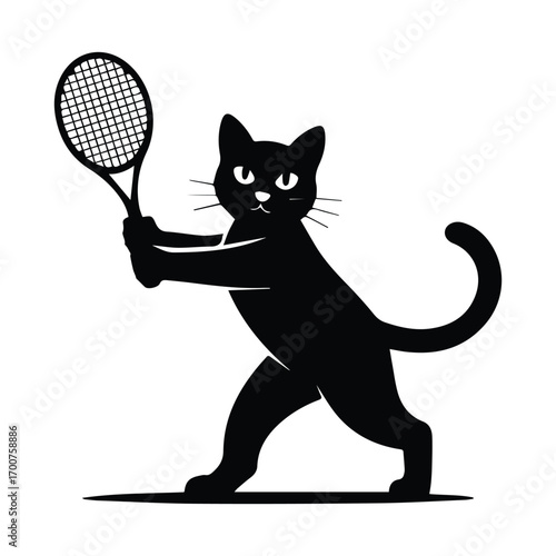 Playful black cat silhouette swinging a tennis racket silhouette