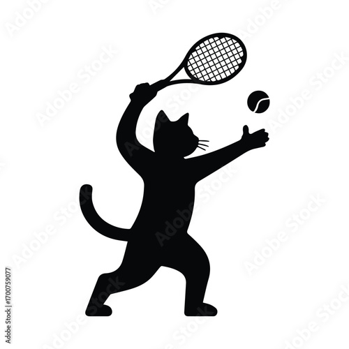 Playful cat silhouette in action serving a tennis ball silhouette
