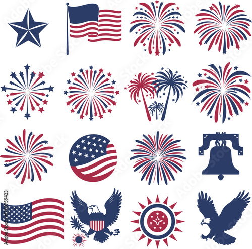 Vector art of patriotic silhouette illustration featuring american flags, fireworks, eagles, and symbols of freedom, perfect for 4th of july designs