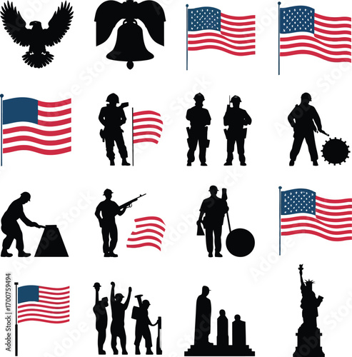 Vector art of memorial day patriotic vector set collection of american symbols like flag, eagle, soldier and statue of liberty