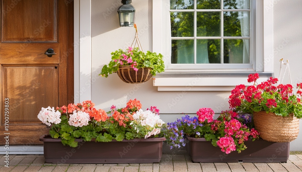 Naklejka premium summer floral decoration at a house entrance with geraniums in planters a window box and a hanging basket