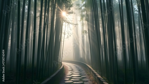 A serene bamboo forest pathway with mist and sunlight, evoking peace and mystery.