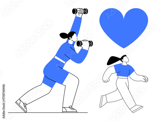 Woman lifting dumbbells in workout pose, another jogging, large heart symbolizing well-being. Ideal for fitness motivation, health awareness, sports, active lifestyle, self-care, gym advertising