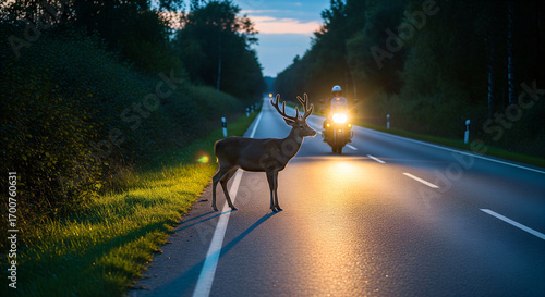 A deer stands on a rural road at sunset with a motorcycle approaching in the background.