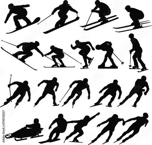 Vector art of dynamic silhouettes of winter sports athletes, showcasing skiers, snowboarders, and sledders in various action poses for sport concept