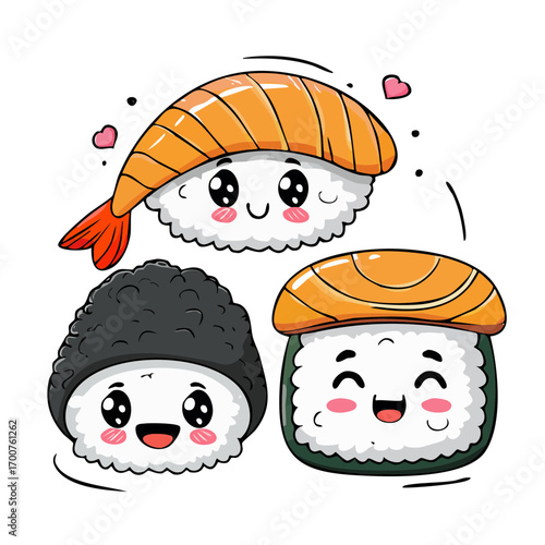 Cute Kawaii Sushi Trio Vector Illustration with Smiling Faces and Hearts