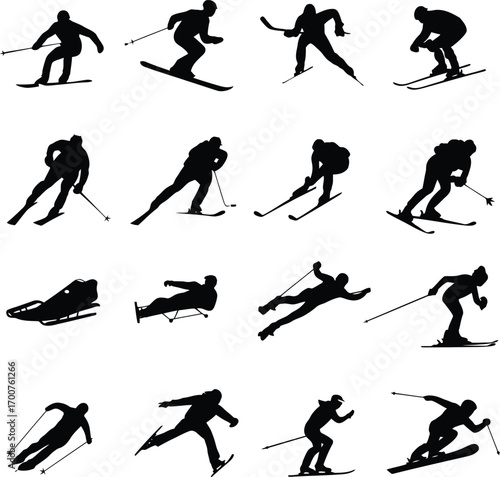 Vector art of silhouette of various winter sports athletes, featuring skiers, snowboarders, and sledders in dynamic poses for sport concept