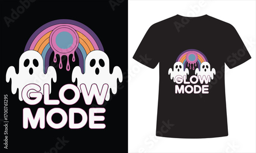 Glow Mode T-Shirt – Retro Neon Ghosts and Dripping Rainbow Halloween Aesthetic