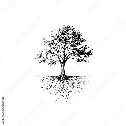 A detailed black and white drawing of a tree with visible roots and a full canopy on a white background
