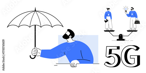 Man with umbrella symbolizing protection, balancing scale with two professionals and a glowing bulb, and 5G technology text. Ideal for technology, innovation, security, balance, strategy