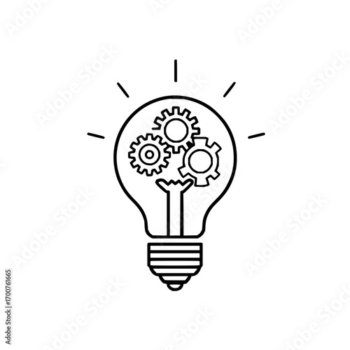 Lightbulb containing gears representing idea generation and problem solving in black and white outline style