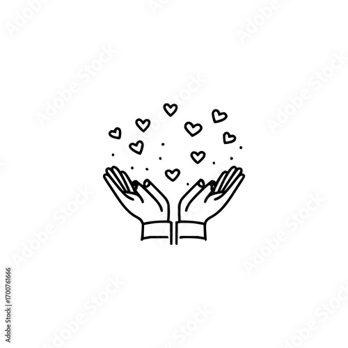 Two hands holding and releasing hearts and dots in a black and white line art illustration style