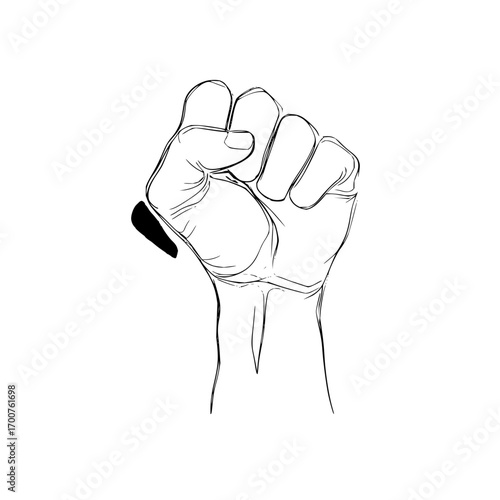 Hand drawn illustration of a clenched fist raised in the air with a black fingernail detail shown clearly