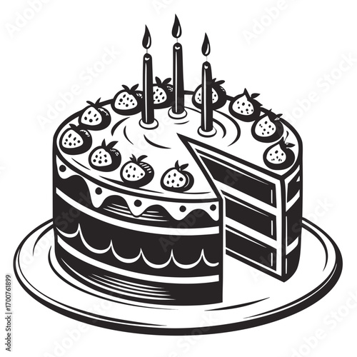 birthday cake with candles  black and white vector 