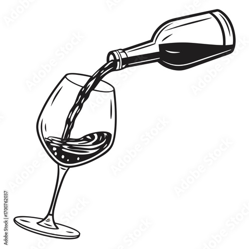 red wine pouring into glass  black and white vector 