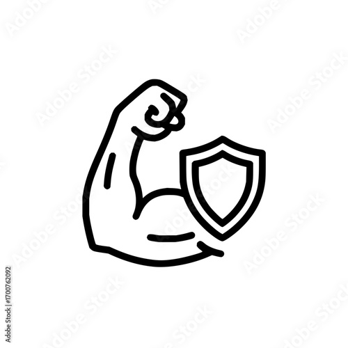 Outline drawing of a muscular arm flexing next to a shield for strength and protection concept icon