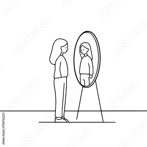 A woman stands before an oval mirror reflecting her image in a simple line drawing on white background