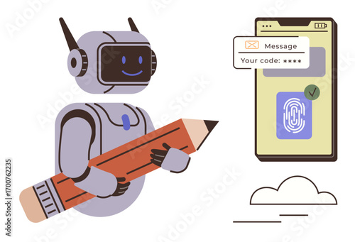 Robot with pencil symbolizing creativity and technology alongside phone showing secure login. Ideal for innovation, AI, cybersecurity, mobile authentication, digital tools, education, tech