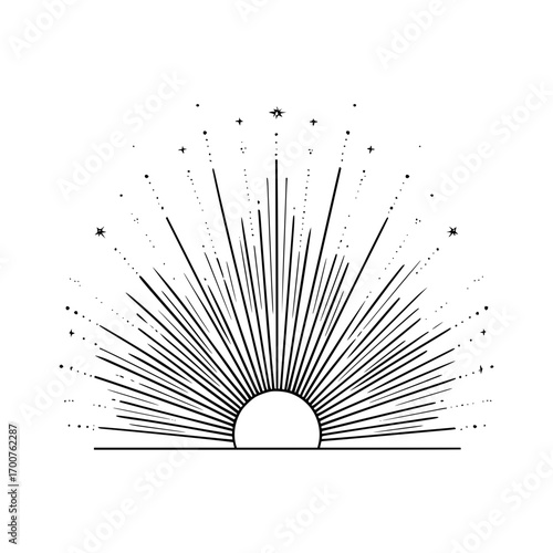 Illustration of a rising sun with radiating lines and star accents in a black and white minimalist style
