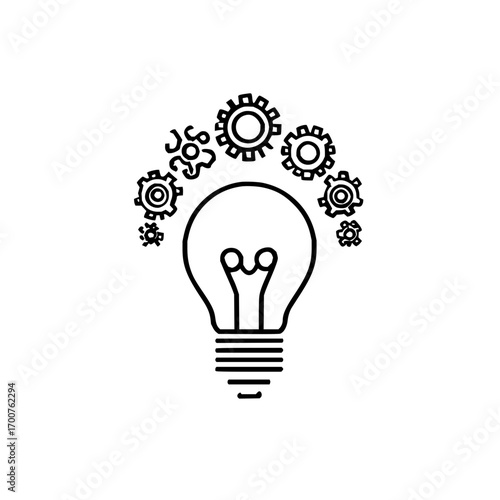 A lightbulb with gears and abstract shapes above it in a black outline on a white background design