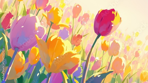 Vibrant Field of Tulips in Full Bloom