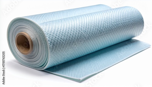 Fiberglass roll of woven fabric cloth on a white background. This is a composite material used in industry for reinforcement and manufacturing.