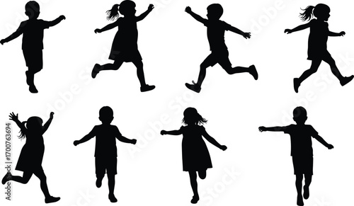 Children running and jumping silhouettes, playful kids, active poses, sports, exercise, outdoor activity, motion, energy, fun, youth illustration
