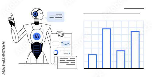 Robot with artificial intelligence explains analytical data using bar charts and documents. Ideal for technology, AI, data analysis, automation, business strategy, education, innovation. Simple flat