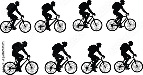 Cyclist silhouettes, person riding bicycle with backpack, side profile, cycling posture, sports illustration, transportation, motion sequence, outdoor activity, fitness design