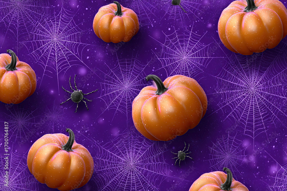 Halloween pumpkins and spiders amidst a web design against a mottled violet backdrop convey a spooky, festive, and thematic ambiance.