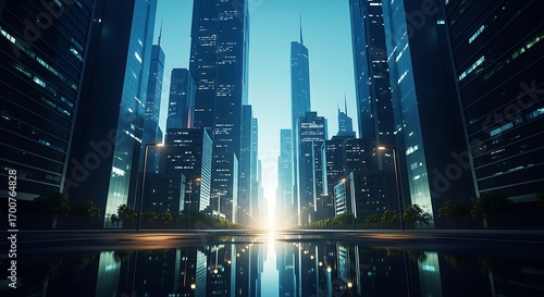 Futuristic Cityscape with Gleaming Skyscrapers and Reflective Streets at Dawn