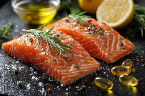 Two raw salmon steaks seasoned with herbs and spices, with lemon and olive oil in the background