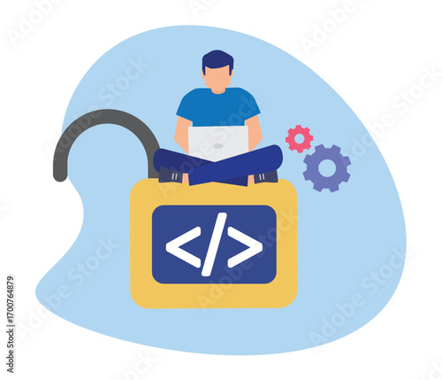 Programmer on an open padlock with code tags, symbolizing open-source software security, programming vulnerabilities, and technology access control concept