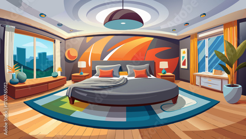 Gorgeous 360-degree panorama of a modern chic bedroom, featuring a charcoal gray platform bed, white bedding, clean wooden floors, and a single abstract painting, creating a calm and sophisticated ret
