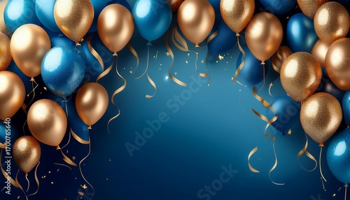 celebration birthday wedding ballons blue golden golden ribbons flying on the top of image blue background texture card