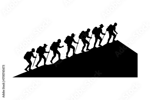 Hiking group climbing uphill: flat vector silhouette design