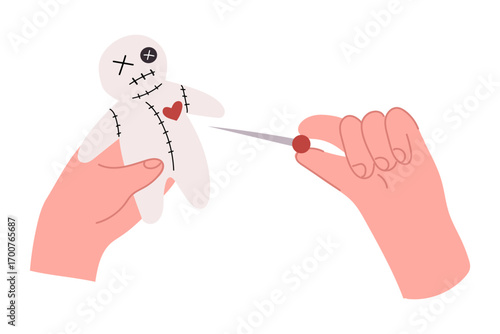 Two hands performing a voodoo ritual: one hand holds a voodoo doll while the other inserts a pin. Fun illustration in a spooky,  perfect for Halloween designs. 