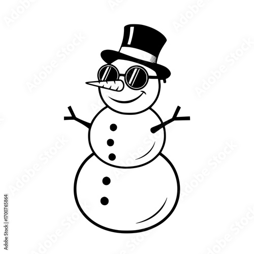 A cheerful snowman with sunglasses and a top hat stands confidently. He's the essence of cool, dressed in his finest winter attire, spreading festive cheer.  vector illustration