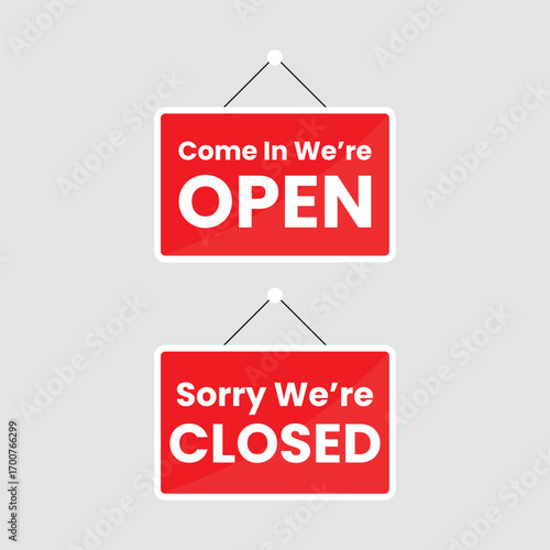  Door sign or hanging board displaying the messages Welcome we are open and Sorry we are closed in a flat vector design