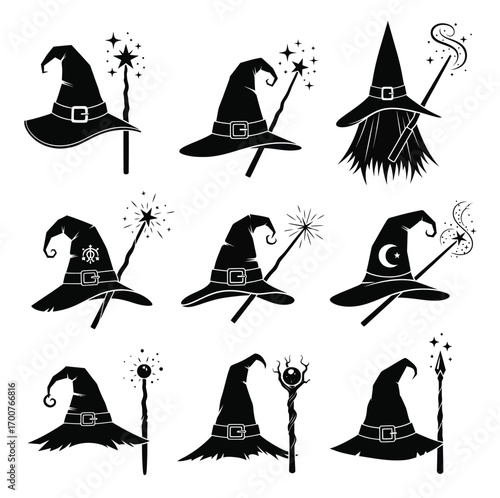 Collection of black witch hats and magic wands with sparkling effects wizard