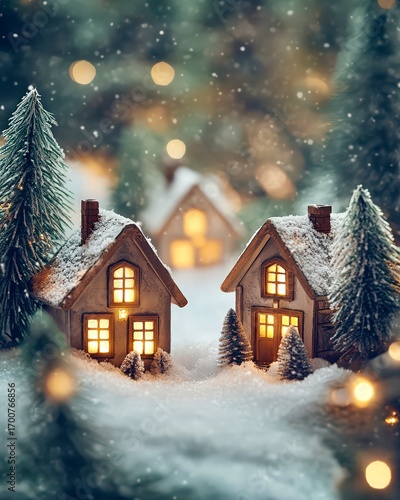 Snowy Christmas miniature town glowing festive holiday decor