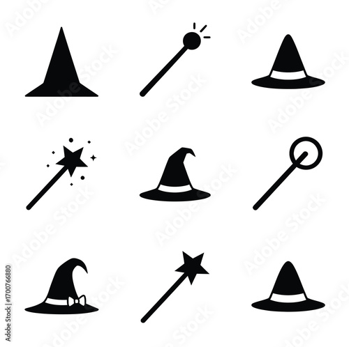 Collection of black witch hats and magic wands on white background spell